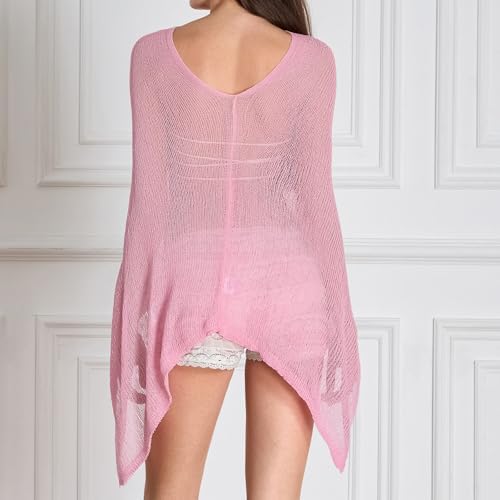 Women Sheer Knit Poncho Top Beach Cover Up Lightweight Crochet Shrug Y2k Summer See Through Shawl
