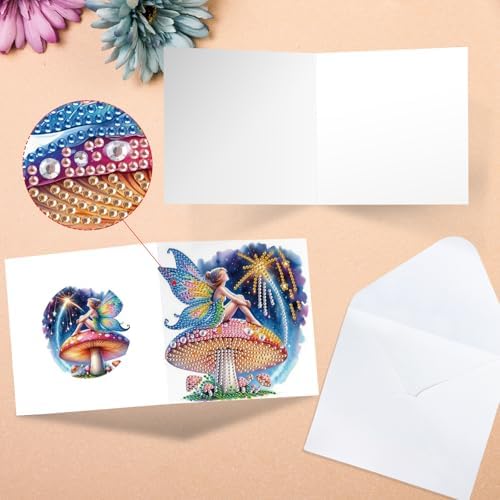 Tontut 6pcs Diamond Art Painting Kit Greeting Card, Genie on Mushroom 5D DIY Diamond Handmade Holiday Greeting Card with Envelope, Holiday Gift Congratulation