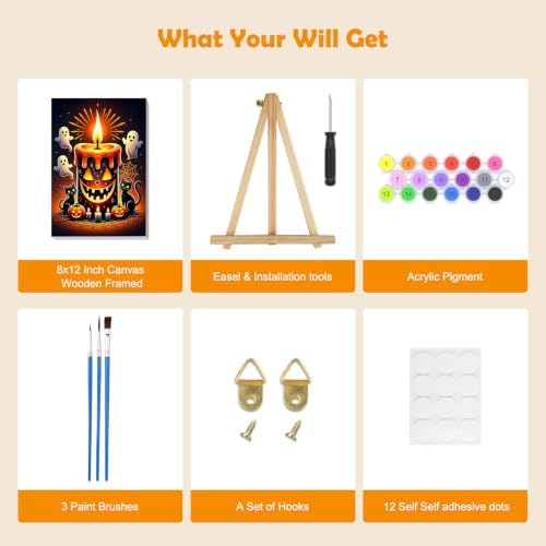 MOGTAA Halloween Paint by Numbers Kit for Adults Beginners with Frame, Ghost Adult Paint by Number Kits on Canvas with Easel, Easy DIY Black Cat Oil Painting Kits for Home Decor, 8x12in