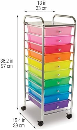 Simply Tidy 10 Drawer Rainbow Rolling Cart - Mobile Organizer with Removable Drawers, Swivel & Locking Casters, Durable Tubular Frame - 1 Set