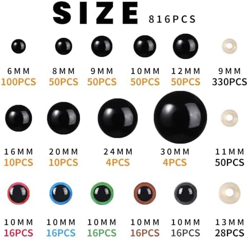 408Pcs Safety Eyes for Crochet 6-30mm Plastic Colorful Safety Eyes for Amigurumi with Washers Black Stuffed Animal Eyes for Craft Teddy Bear
