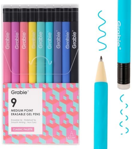 Grabie Erasable Gel Pens, 9 Medium Point 0.7 mm Pens, Classic | Heat-Sensitive Erasable Ink, Clean Erasing, Smooth Writing, Vibrant Assorted Colors, Twist-up Design, Drawing, Journaling