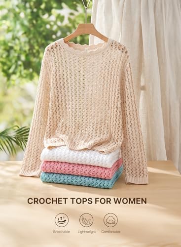 EVALESS Crochet Tops for Women Long Sleeve Hollow Out Knit Sweaters