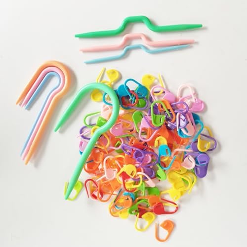 HONEYSEW 100 Knitting Stitch Counter Crochet Locking Markers and 7 U Shape Multicolor Bent Cable Stitch Holder Needles Plastic Twist Curved Hand Knitting Needles with 6 Large Blunt Knitting Needles