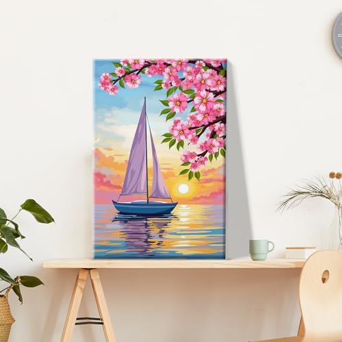 JOOZ Sailboat Paint by Numbers Kit for Adults with Frame Sunset Paint by Number with Easel Flowers Adult Paint by Number Kits Framed Canvas Oil Painting Kits for Home Wall Decor 8x12 Inch