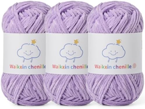 Skinny Chenille Yarn for Crocheting, 3 Pack of 1.75 oz/109 yds Amigurumi Yarn&Baby Yarn for Crocheting Soft, Fluffy Fingering Weight Velvet Yarn for DIY Crafts&Baby Blankets.(3 Light Purple)
