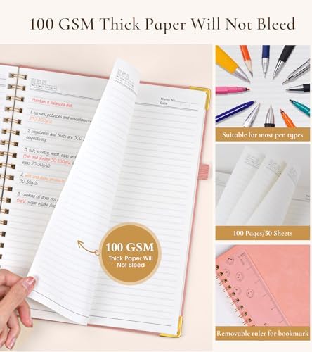 Hardcover Spiral Notebook Journal 8.5” x 11”, A4 Large Leather Notebooks for Women Men, Lined College Ruled Notebook, 100 GSM Paper, Spiral Bound Journals for Work School Note Taking Business, Pink