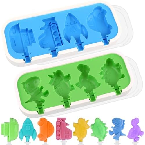 2 Pack Silicone Popsicle Molds, Cars, Ships, Train, Rocket and Dino Shapes