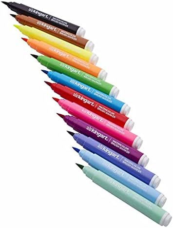 KINGART Brush Tip Watercolor Illustration Markers With Case, 12 Colors, Wide Barrel for Easy Hold, Water-based Non-Toxic Ink, Soft Flexible Tip for Graphic, Sketch, Comic Art, Manga & Lettering