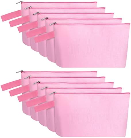 10 Pieces Cotton Canvas Makeup Bag with Bottom and Strap, Multi-Purpose Cosmetic Bag with Zipper Travel Toiletry Pouch, Blank DIY Craft Bag (Pink, S)