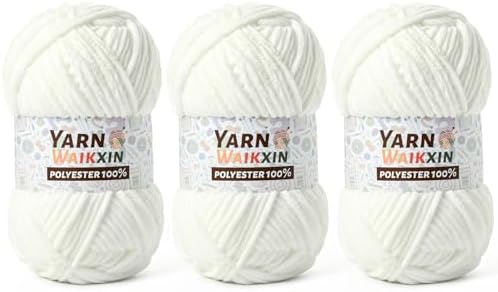 3 Pack Soft Chenille Yarn for Crocheting, Fluffy Chunky Crochet Yarn for Baby Blanket, (5.29oz/196.8yds) Fuzzy Velvet Yarn for Amigurumi&DIY Puzzle、Crafts、Scarf(3 Snow White)