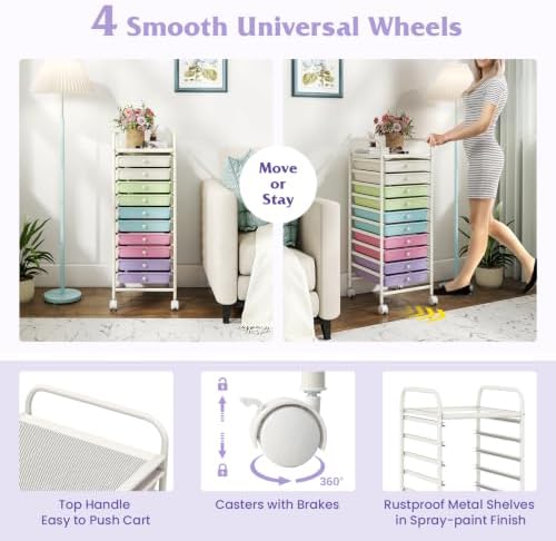 COSTWAY 10-Drawer Rolling Storage Cart, Ice Cream Colorful