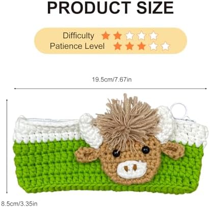 Highland Cow Crochet Kit for Beginners, Learn to Crochet Pencil Bag Starter Set with Video Tutorial & Crocheting Manual, Easy Yarn Knitting Kit for Adult, DIY Amigurumi Birthday Xmas Gift Idea
