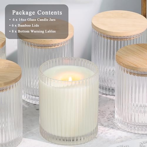 14OZ Clear Glass Candle Jars for Making Candles, 6 Pack - Empty Candle Jars Bulk with Bamboo Lids and Accessories, Ribbed Candle Vessels Containers for Candle Making