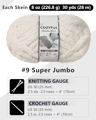 Cozyful Chunky Yarn for Hand Knitting, #9 Thick Jumbo Big Chunky Yarn for Crocheting, Super Chunky Knit Blanket Yarns, Large Chunky Chenille Yarns, 8 Pack (30 yds 8 oz Each Skein), Beige White