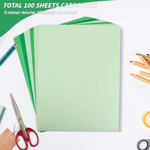 100 Sheets 8.5" x 11" Green Colored Cardstock, 5 Colors