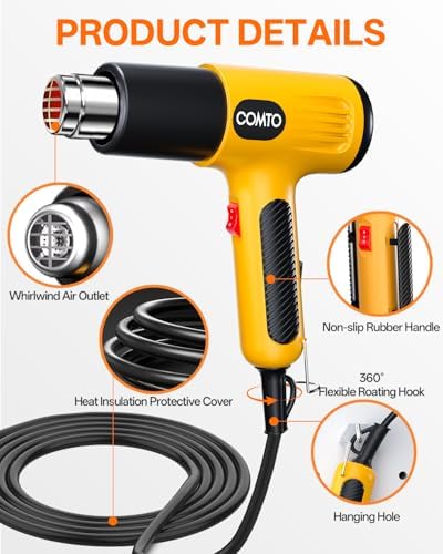 Heat Gun, 1600W Hot Air Gun with 2 Heat Settings, Yellow | 752°F/1112°F Dual Heat Control, 4 Metal Nozzles, Overheat Protection, PA66 Housing, 1.1lb Lightweight Design, Non-Slip Grip