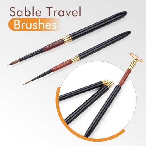 Fuumuui Travel Watercolor Palette 24 Grids Foldable with 2pcs Sable Travel Watercolor Brushes, Portable Walnut Wood Palette Box for Plein Air Painting