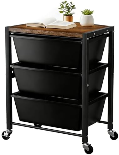 Rolling Cart with 3 Drawers, Plastic Drawer Storage Carts with Lockable Wheels & Wooden Tabletop, Metal Utility Cart Organizer, Office Bedroom Classroom Craft Organization and Storage, Dark Black