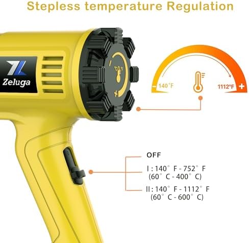 Zeluga 29-434 Heavy Duty Fast Heating Hot Air Gun Kit with Variable Temperature Control and Overload Protection with 4 Nozzles for Crafts, 1800W 140℉~1112℉（60℃- 600℃）
