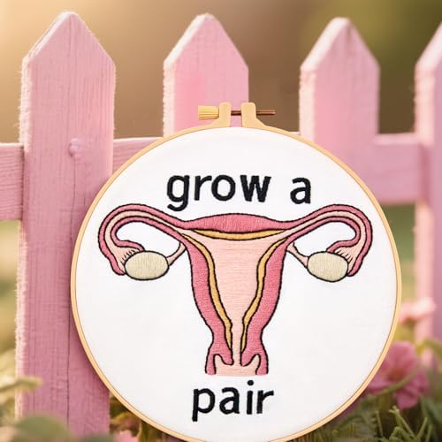 Hand Embroidery Kits for Beginners Adults, Grow a Pair Uterus Embroidery DIY Kit, Stamped Cross Stitch Kits for Beginners Adult Craft Kits for Women, Entire Set of Embroidery Supplies & Video Tutorial