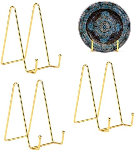 3 Pack 8 Inch Plate Stands for Display, Plate Holder Display Stand, Picture Frame Stand Black Metal Frame Holder Stands for Book,Small Easel,Decorative Plate,Photo and Platter,Tabletop Art-gold