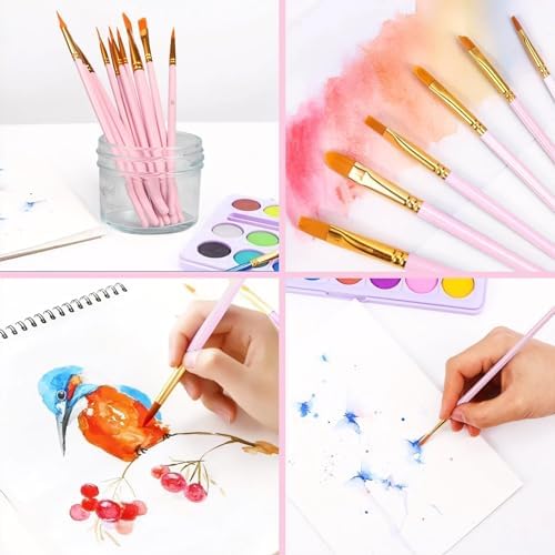AROIC Painting Brushes Set, 10 Packs /100 Pieces, Nylon Brush Head | Suitable for Oil and Watercolor, Perfect Suit of Art Painting, Best Present for Painting, Pink