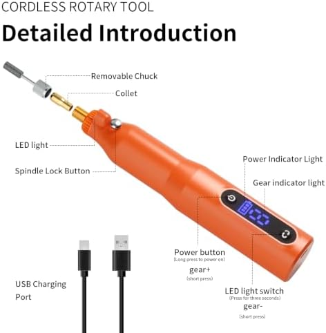 Cordless Rotary Tool Kit - 9-Speed Adjustable with USB Charging | Multi-Purpose Engraving Pen for Sanding, Polishing, Drilling & DIY Crafts | Includes 3D Printing Accessories (Orange with Light)