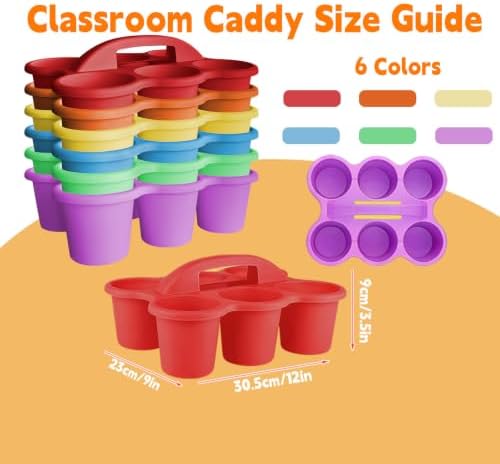 6 Pack Classroom Caddy Organizer with Handle Multicolor Plastic Table Caddy 6 Compartments Storage Cup Holder for School Supplies Art Crafts Crayons Pencils Stackable Desk Caddy for Office