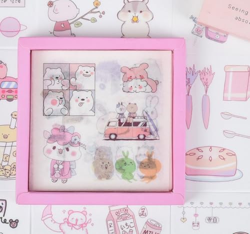 Cute Washi Paper Boxed Stickers Set 50 Sheets - Aesthetic Decorative Sticker for Scrapbooking, Kid DIY Arts Crafts, Album, Bullet Journaling, Junk Journal, Planners, Calendars and Notebook