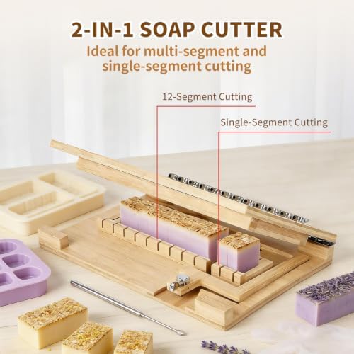 Wooden Soap Cutter,Multi Soap Cutter for Soap Making with Adjustable Stainless Steel Wires,Cuts 1-12 Uniform 1-Inch Bars with 10 Replacement Wires for Candles, Cheese, Butter, DIY Craft Supplies