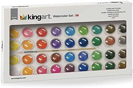 KINGART 511-36 W/Brush, Set of 36 Watercolor Paint Set, Assorted 36 Piece