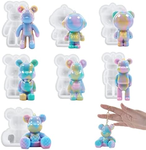 7 PCS 3D Bear Keychain Resin Mold for Epoxy Teddy Bear Pendant Silicone Mold with Hole Jewelry Making Craft Animal Epoxy Casting Molds for Candy Fondant