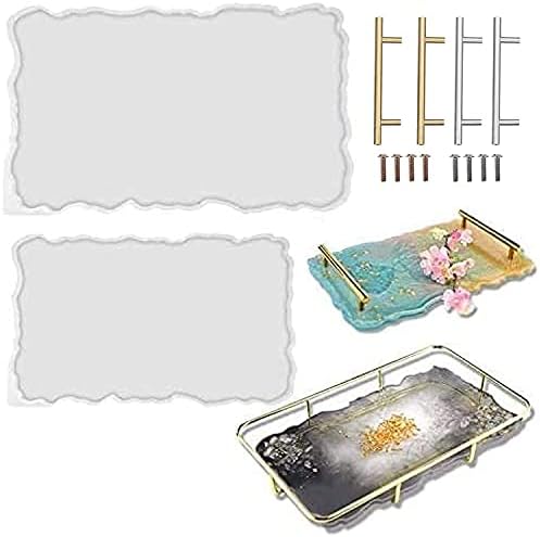 RESINWORLD Set of 2 Size 14‘‘ & 12'' XL Large Serving Tray Silicone Molds Epoxy Resin Geode Tray Mold with Gold & Silver Handles (Rectangle)