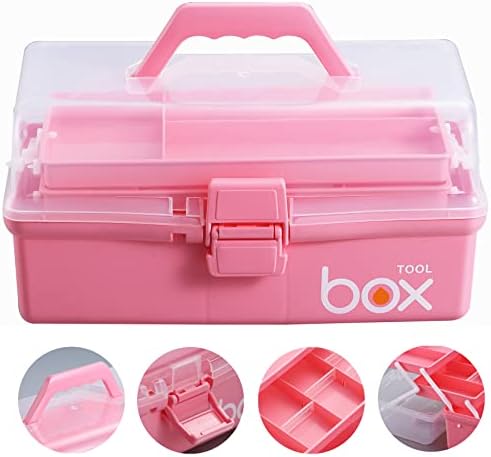Kinsorcai 2PCS 12'' Three-Layer Clear Plastic Storage Box/Tool Box, Multipurpose Organizer and Portable Handled Storage Case for Art Craft and Cosmetic (Pink)