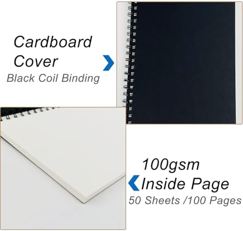 DSTELIN Blank Spiral Notebook, 6-Pack, Soft Cover, Sketch book, 100 Pages / 50 Sheets, 7.5 inch x 5.1 inch, 100GSM, (Black)