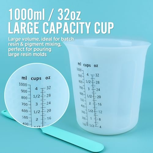 Silicone Resin Mixing 1L Measuring Cup Set for Resin Supplies, Easy-to-Read Marks, 1000ml/32oz Large Cup, 500&250&100ml Thickened Reusable Silicone Cups for Epoxy Mixing, Jewelry Making