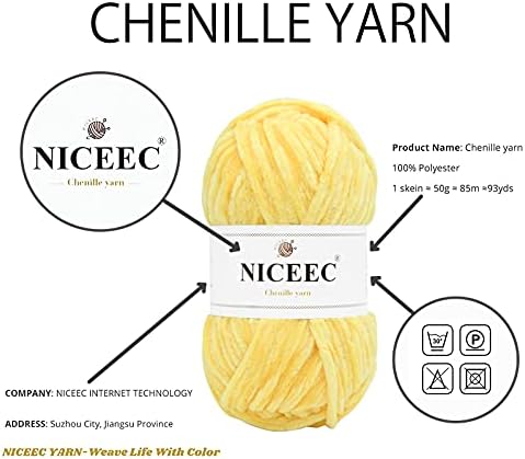 NICEEC 3 Skeins Soft Chenille Yarn 3x85m(3x93yds,3x50g)_Pink-Yellow-Blue