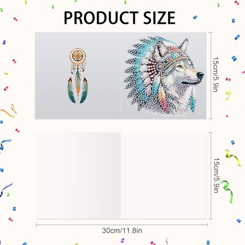 6 Pack 5D Diamond Art Greeting Cards Kit with Envelopes, Wolf with Native American Headdress Design, DIY Special Shape Diamond Painting Greeting Card for Adults, Handmade Card Craft Gift Set