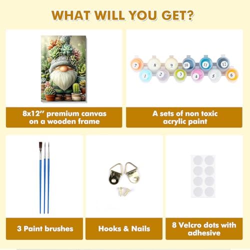 Bowetile Framed Paint by Numbers Gnome Kit for Adults, Adults' Paint-by-Number Kits on Canvas, Painting by Numbers Succulents, DIY Acrylic Number Painting for Home Wall Decor, 8x12in