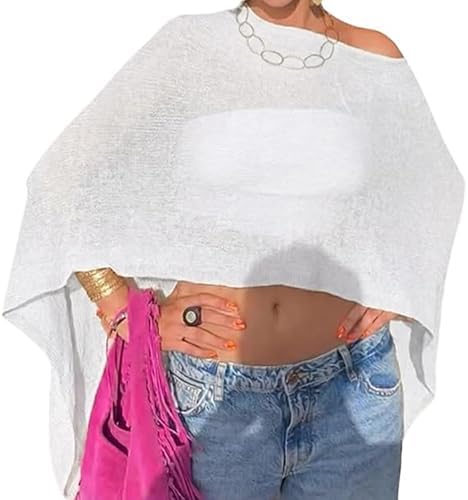 Nicoxijia Women Y2K Sheer Knit Poncho Top Lightweight Summer Beach Knit Shrug Shawl Bolero Off Shoulder Mesh Sweater Cover Up