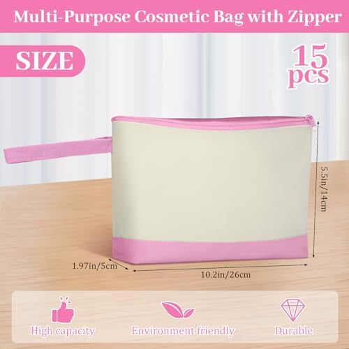 Silkfly 15 Pcs Cotton Canvas Makeup Bags Cosmetic Zipper Bags 10.2 x 5.5 x 2'' Blank DIY Pouch Bulk Pencil Case with Bottom Travel Toiletry Pouch for Women Craft Decor Gift (Beige and Pink)