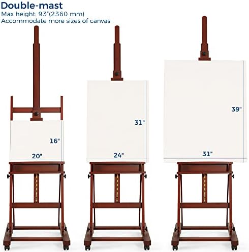 VISWIN Extended Large H-Frame Easel for Painting, Adjustable Beech Wood Artist Easel Stand with 4 Wheels & Storage Tray, Foldable Art Easel Floor for Adults, Hold Canvas up to 93" - W