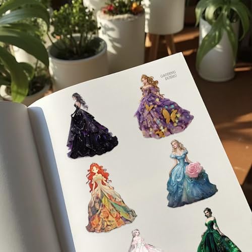 50 Pcs PET Transparent Princess Gown Stickers, Waterproof Vinyl Elegant Dress Decals for Laptop Skateboard Luggage, Colorful Ball Gown Stickers Gift for Kids Teens Adults(Princess)