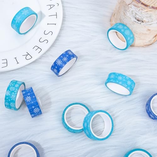 Whaline 12 Rolls Winter Washi Tape Blue Snowflake Theme Washi Tape Masking Decorative Party Gift Warp Paper Tape for Christmas Winter Decor DIY Craft Scrapbook Party Favor Supplies