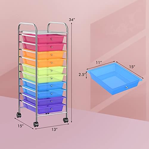 Storage Cart, Rolling Utility Cart with 10 Drawers, Portable Handles & Lockable Wheels, Mobile Paper Toys Storage Organizer Large Capacity for Home Office School Teacher (Rainbow)