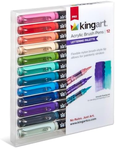 KINGART Acrylic Paint Markers Brush Tip, 12 Lettering Colors. Water-based, no-bleed, waterproof pens with automatic ink control for rock, egg, wood, fabric, glass & DIY crafts