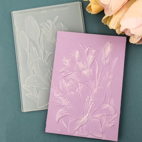 3D Embossing Folder for Card Making Lily Floral Background Plastic Embossing Folder for DIY Scrapbooking Lily Flowers Background Cover Template for Mother's Day Valentine's Day Thanksgiving Day Decor