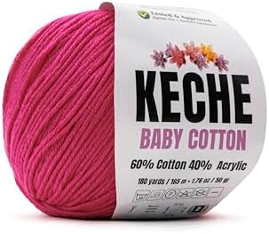 Keche Baby Cotton, 60% Cotton 40% Acrylic Yarn, Soft Cotton Yarn for Crochet and Knitting, Amigurumi Yarn 1 Skein/Ball 1.76 Oz (50g) / 180 Yrds (165m) - Deep Pink