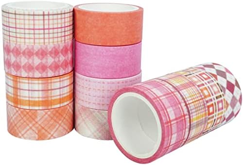 Basic Grid Washi Tape Set 12 Rolls Plaid Decorative Masking Tapes for Arts, DIY Crafts, Journals, Planners, Scrapbook, Wrapping (Pink)